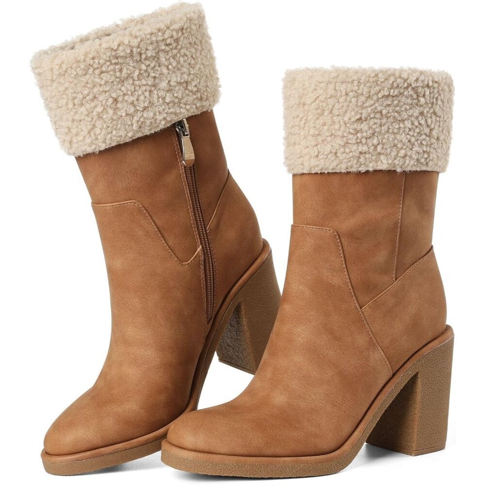 Women's Brown Comfortable Side Zipper Mid Chunky Heel Suede Warm Fur Ankle Boots